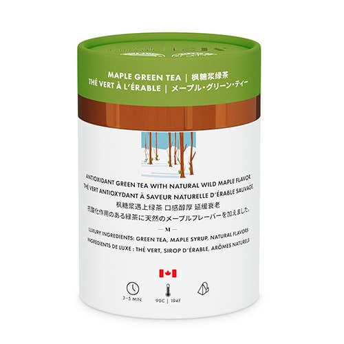 Maple Luxury Green Tea canister with natural wild maple flavor and biodegradable tea bags, eco-friendly packaging.