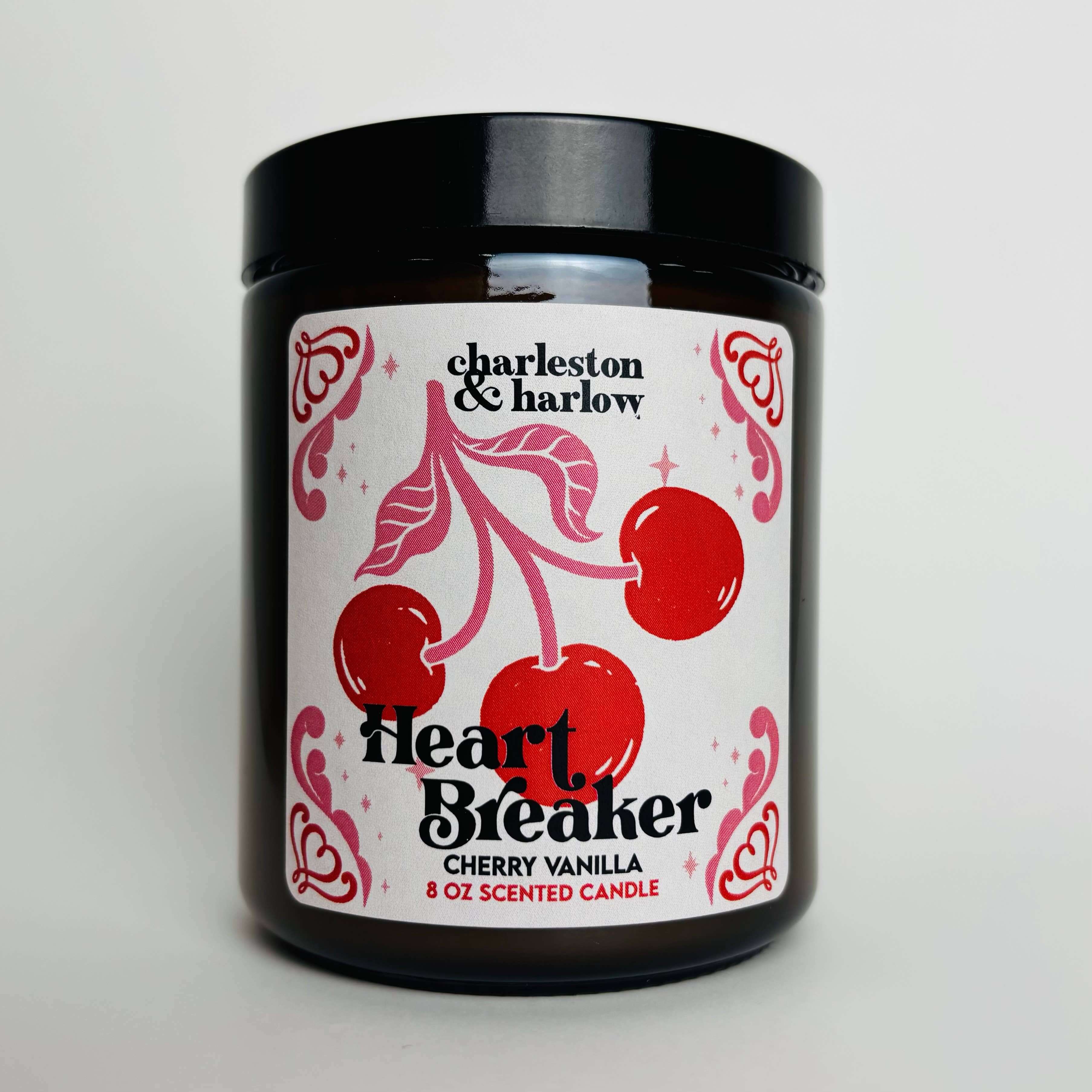 Heart Breaker cherry vanilla soy candle, made in Canada, featuring ripe cherry and vanilla scent in an 8 oz jar.