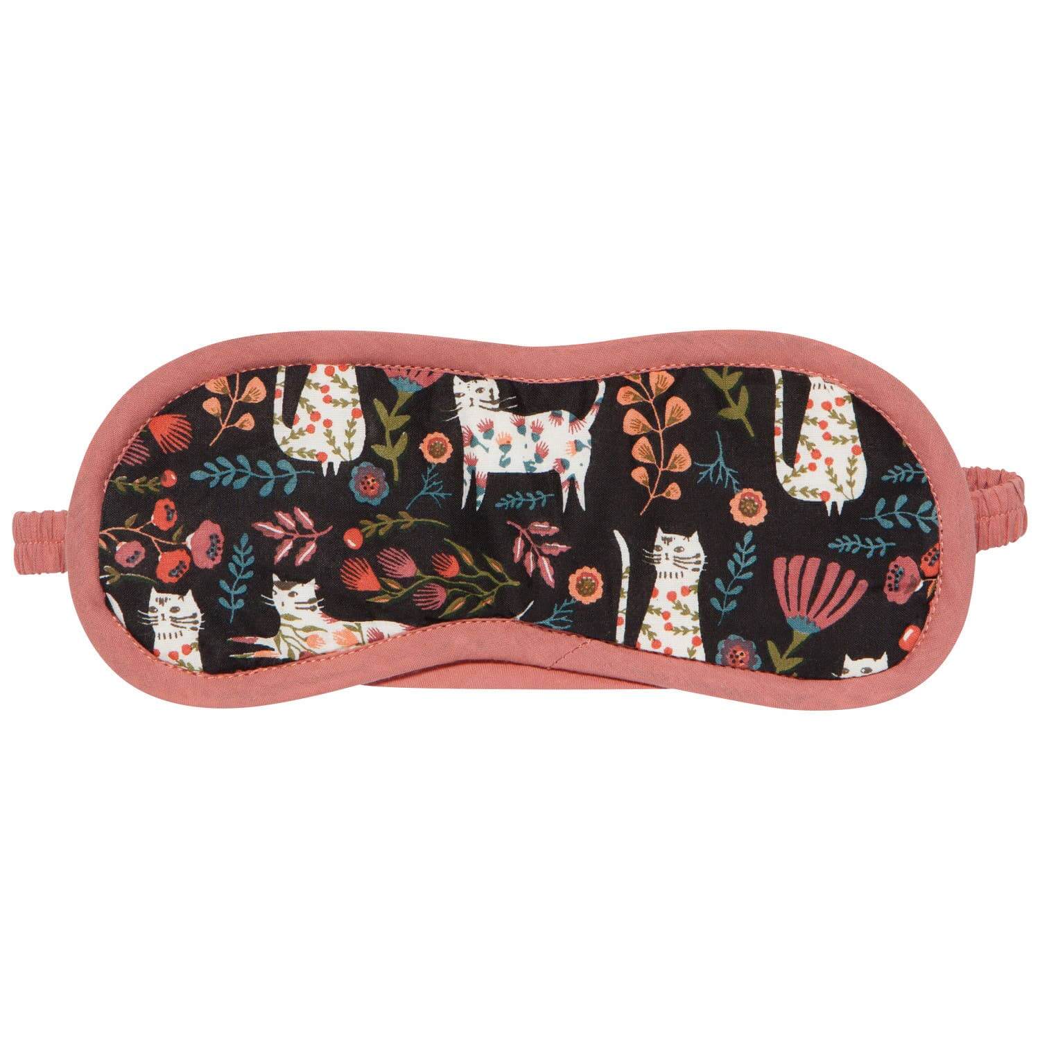 Catbloom sleep mask featuring floral cat design on black background, soft cotton for ultimate comfort.