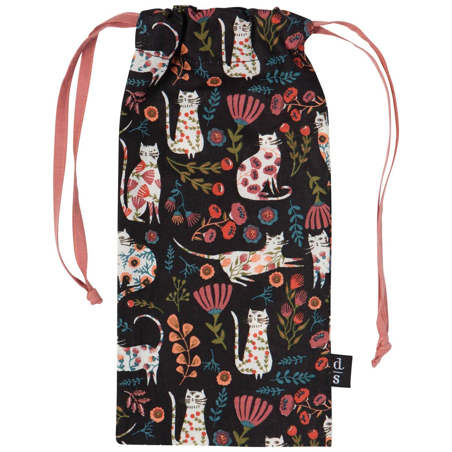 Catbloom sleep mask storage bag featuring playful cat designs and floral patterns on a dark background.
