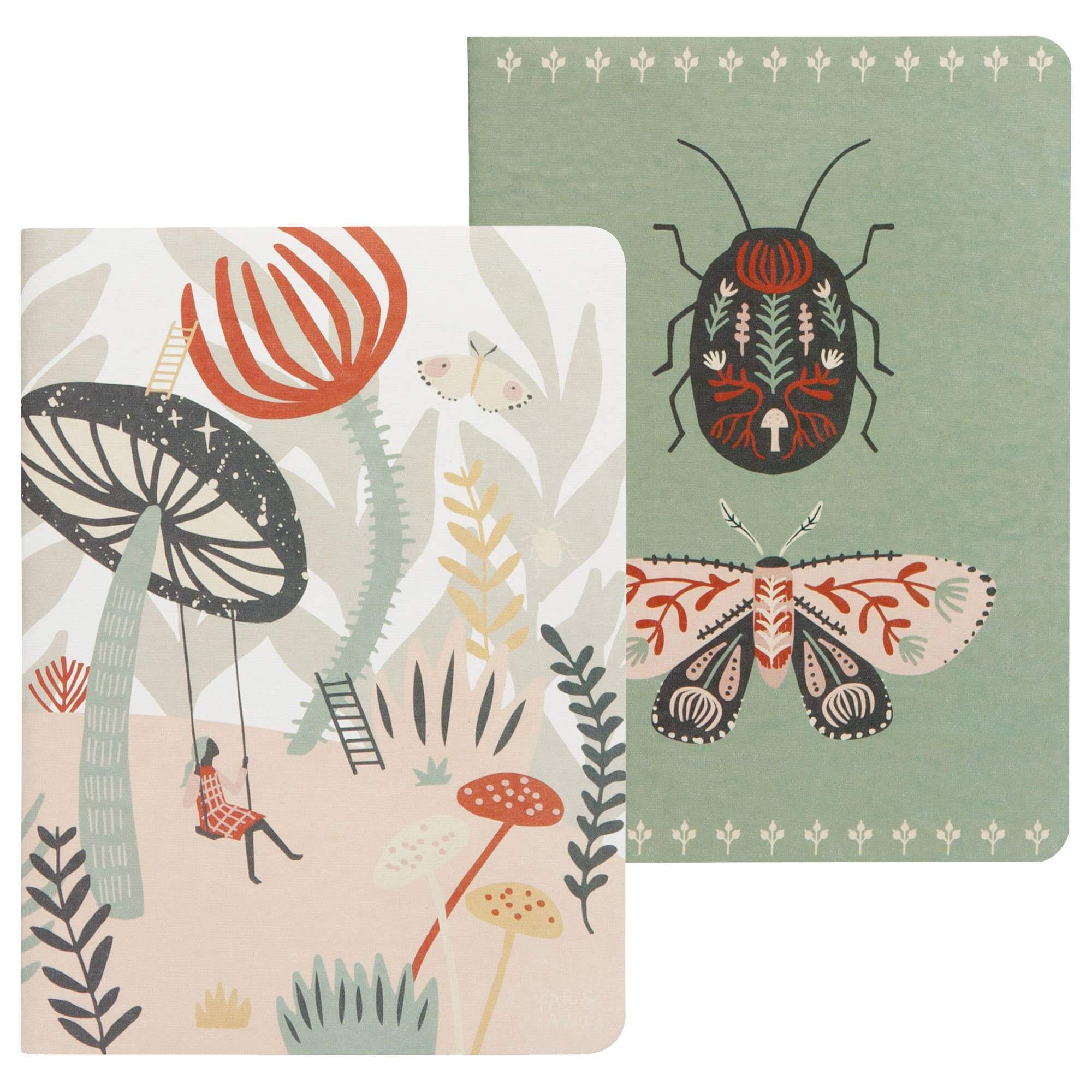 Danica Studio Far And Away Notebook set featuring whimsical mushroom and insect designs, perfect for capturing thoughts and ideas.