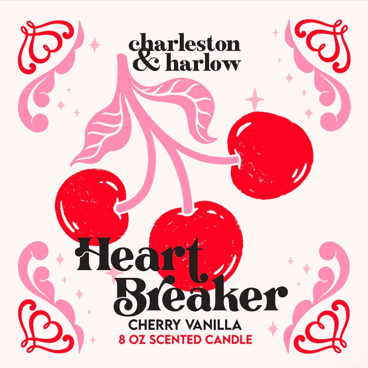 Heart Breaker cherry vanilla scented candle label with ripe cherries, made in Canada.