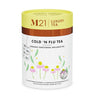 M21 Cold 'n Flu Luxury Herbal Tea canister with 12 compostable pyramid tea bags, organic wellness blend for colds.