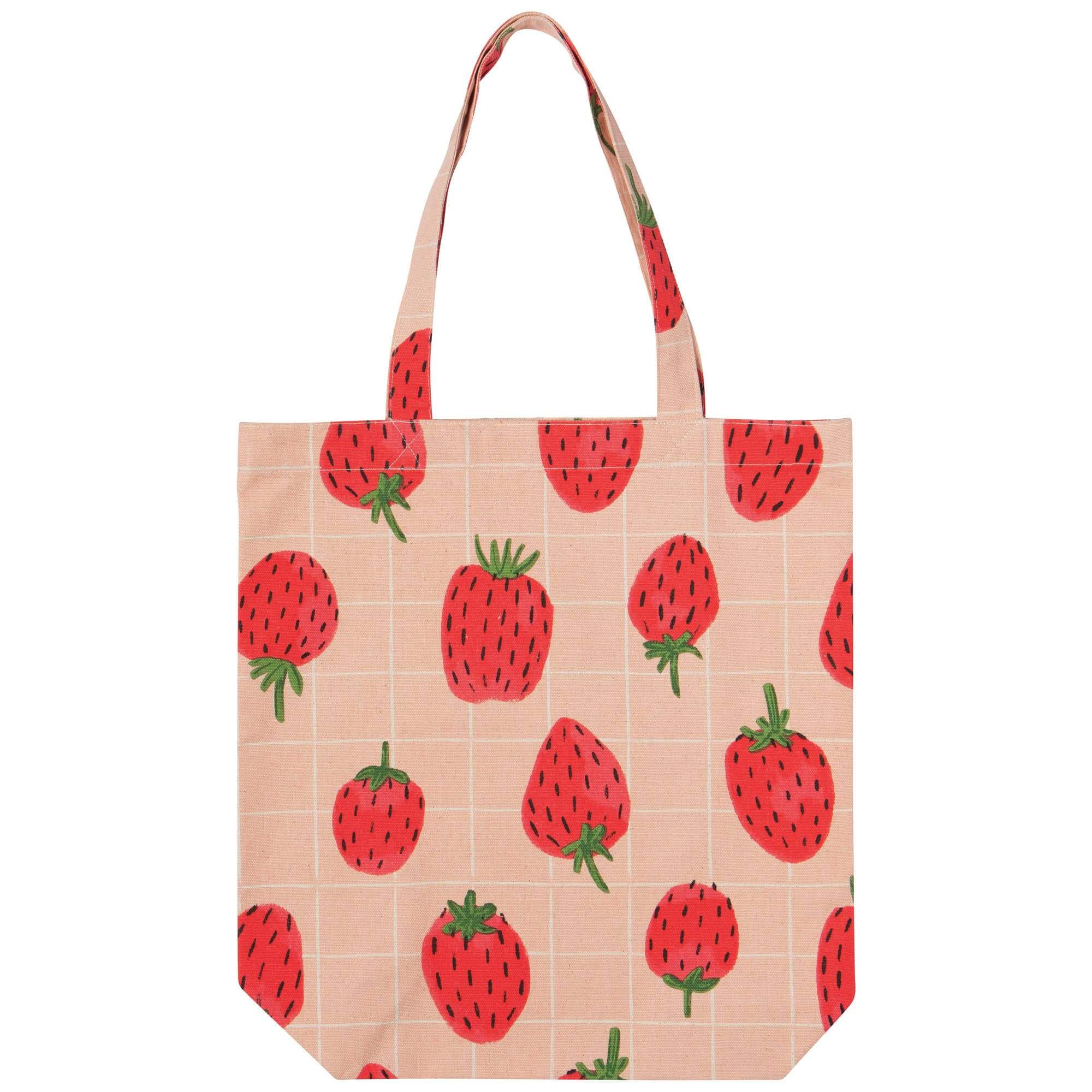 Berry Sweet Tote Bag featuring a playful strawberry pattern on a light background, perfect for daily essentials.