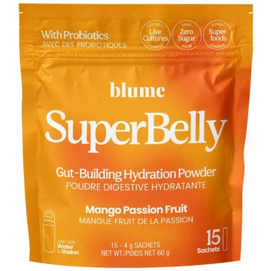 SuperBelly hydration drink powder in mango passionfruit flavor with fresh fruits and a refreshing glass of drink.