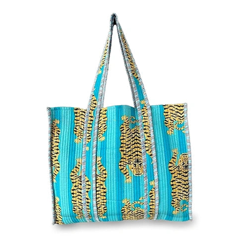 Cotton_Turquoise_Tiger_print_tote_bag long shoulder strap