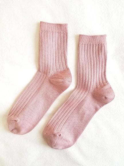 Pair of Classically ribbed, perfect height, breathable cotton blend yarn in soft dessert rose