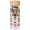 Amulet Tea Infuser Bottle with scarab beetle and flower designs, double wall borosilicate glass, bamboo lid, 12 oz.