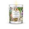 Faerie woodland berries and vanilla candle in clear glass, featuring vibrant nature artwork and a wooden wick.