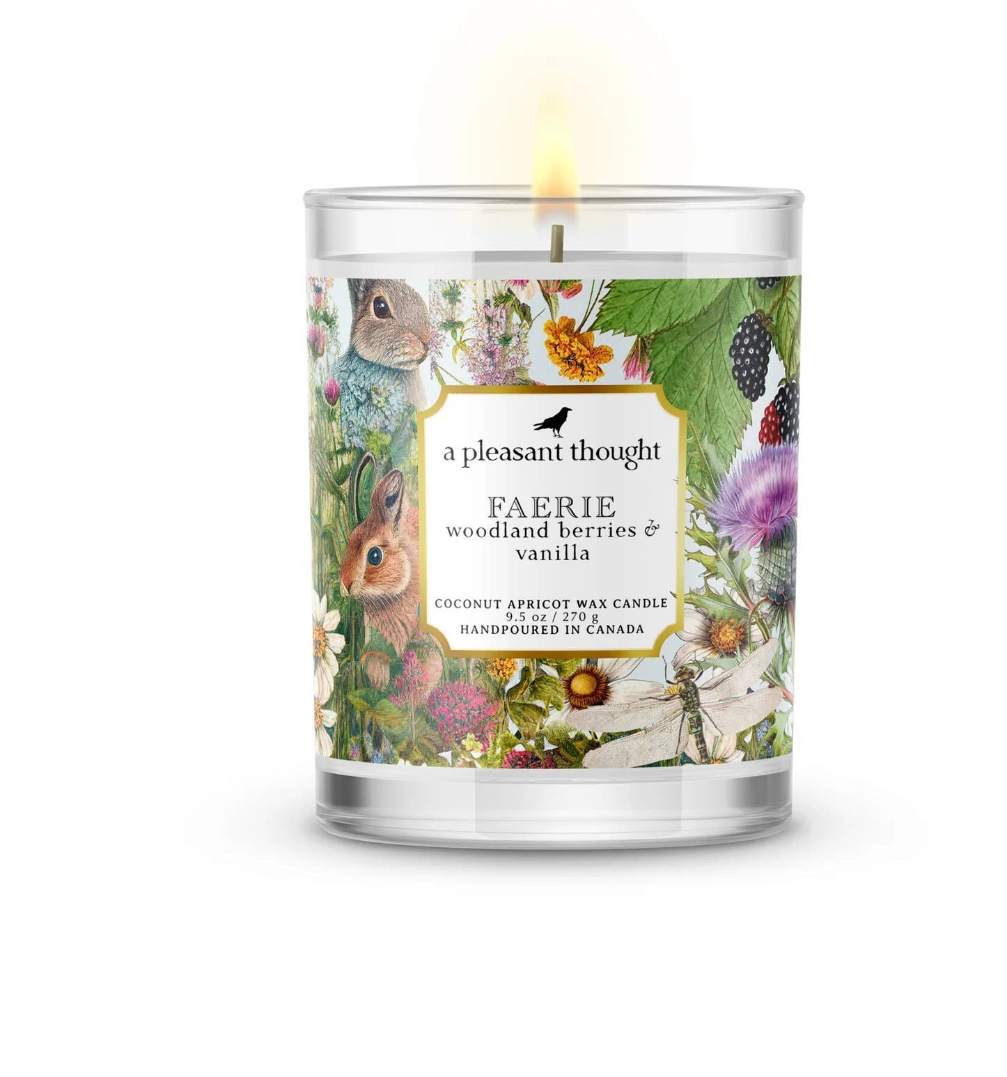 Faerie woodland berries and vanilla candle in clear glass, featuring vibrant nature artwork and a wooden wick.