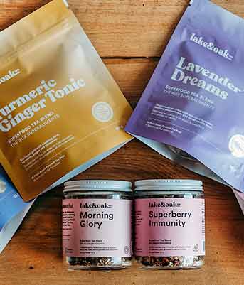 Lake and Oak teas in Turmeric Ginger Tonic, Lavendar Dreams, Morning Glory and Superberry flavours