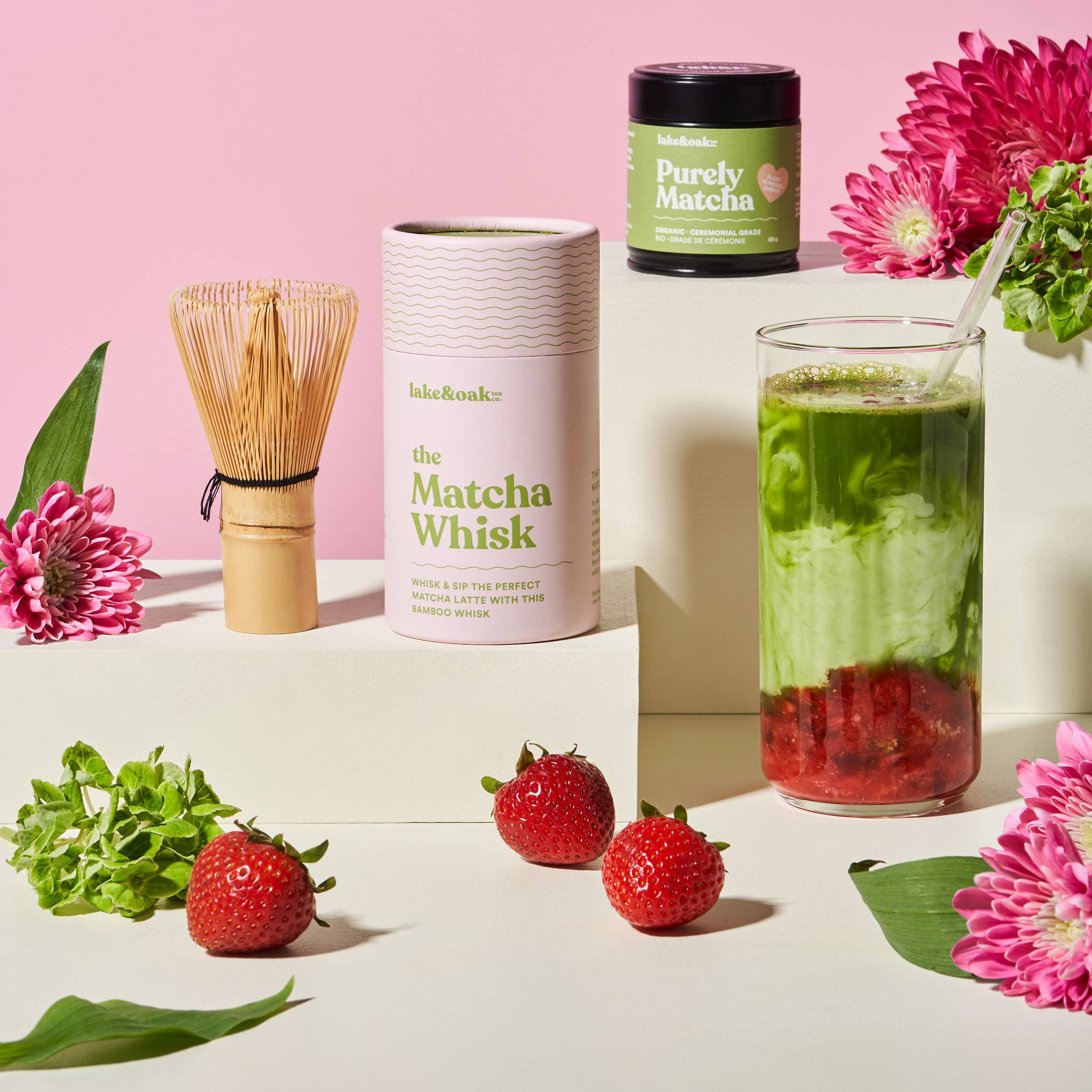 Lake and Oak bamboo matcha whisk with box on a table with fruits
