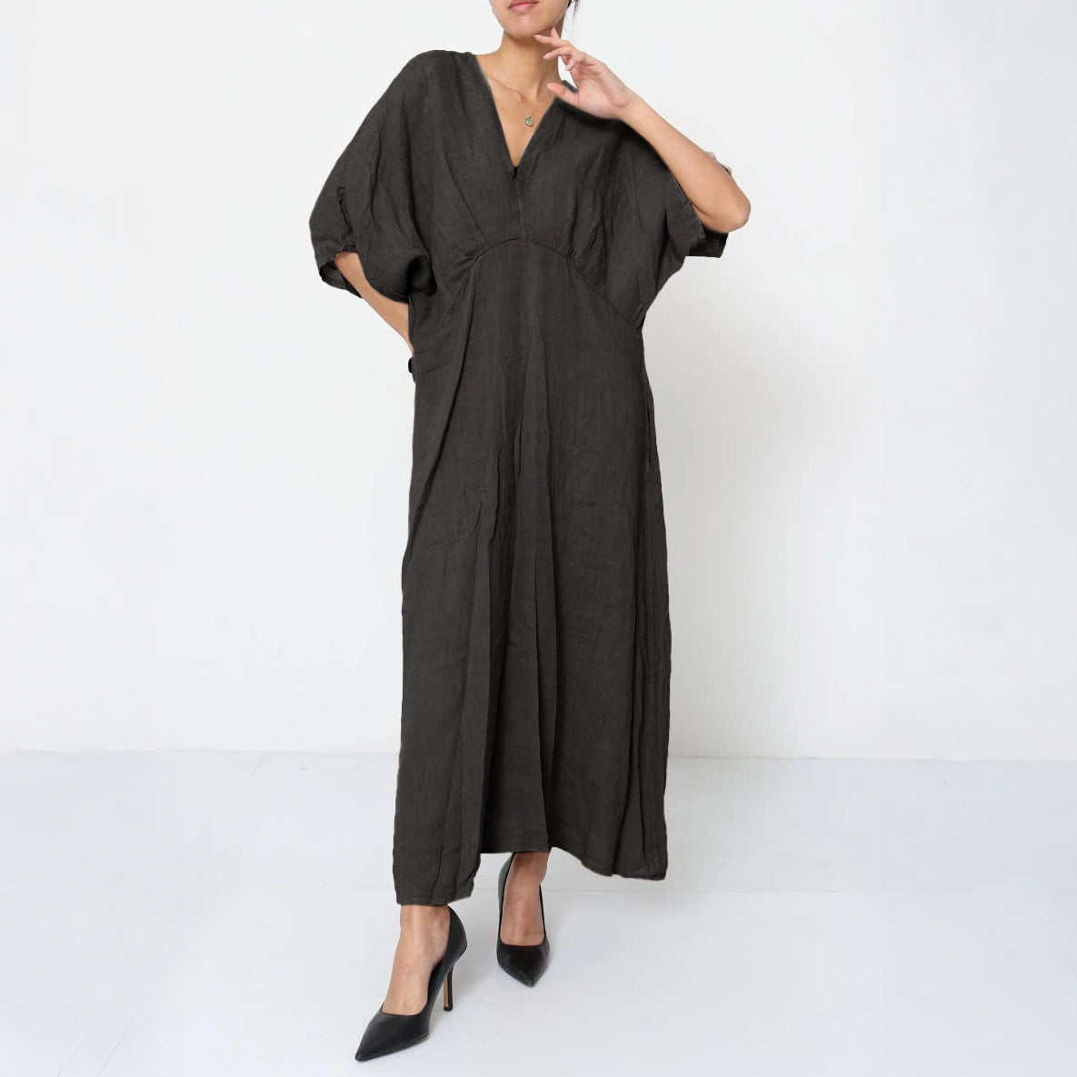 Linen tailored summer full length A-Line dress charcoal grey front view with model