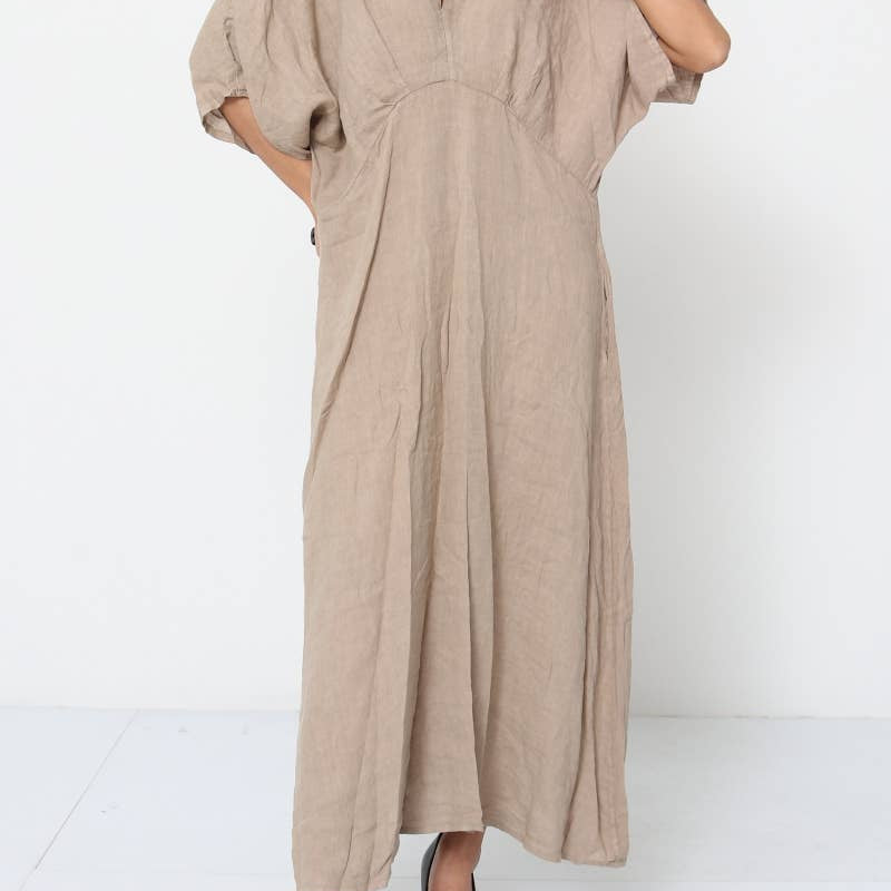 Linen tailored summer full length A-Line dress beige front view with model