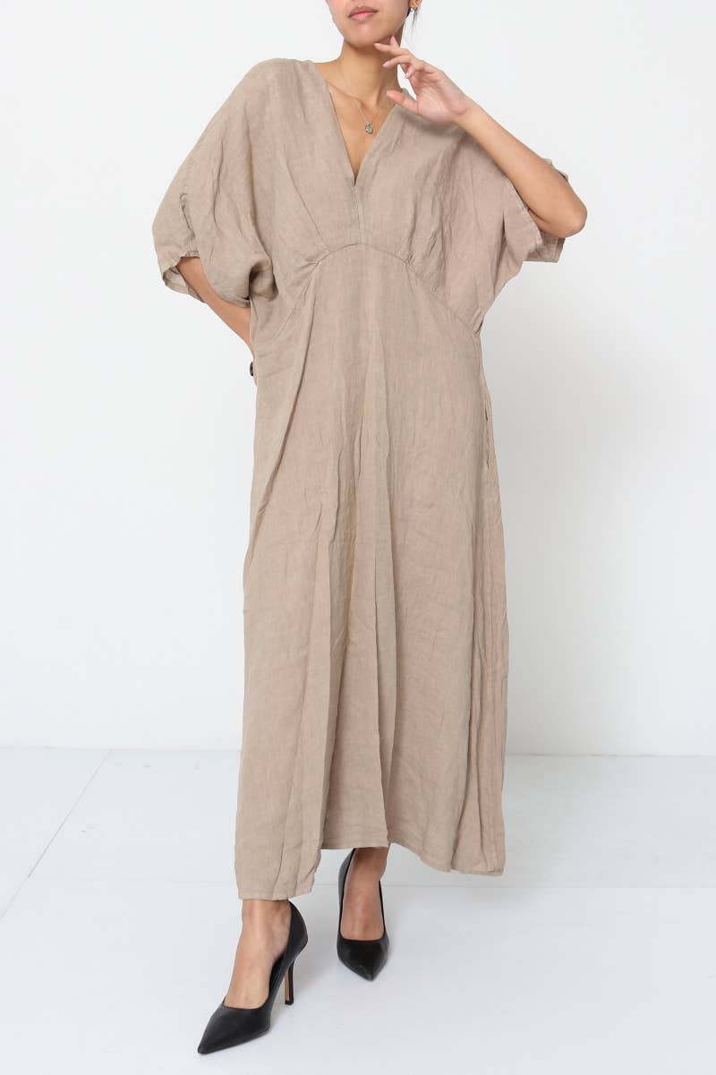 Linen tailored summer full length A-Line dress beige front view with model
