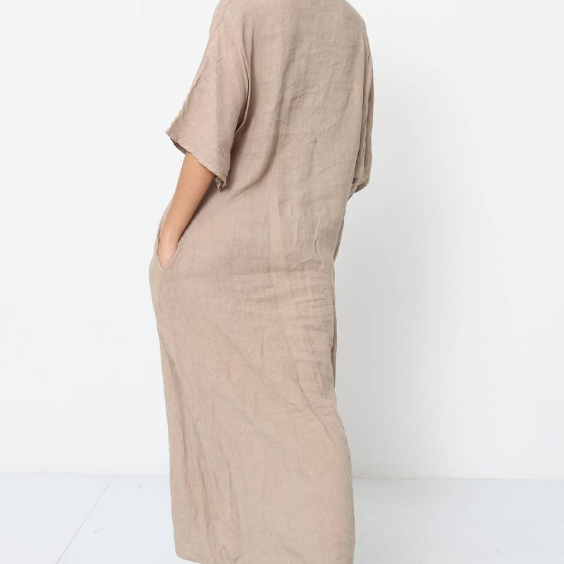 Linen tailored summer full length A-Line dress beige model walking awy
