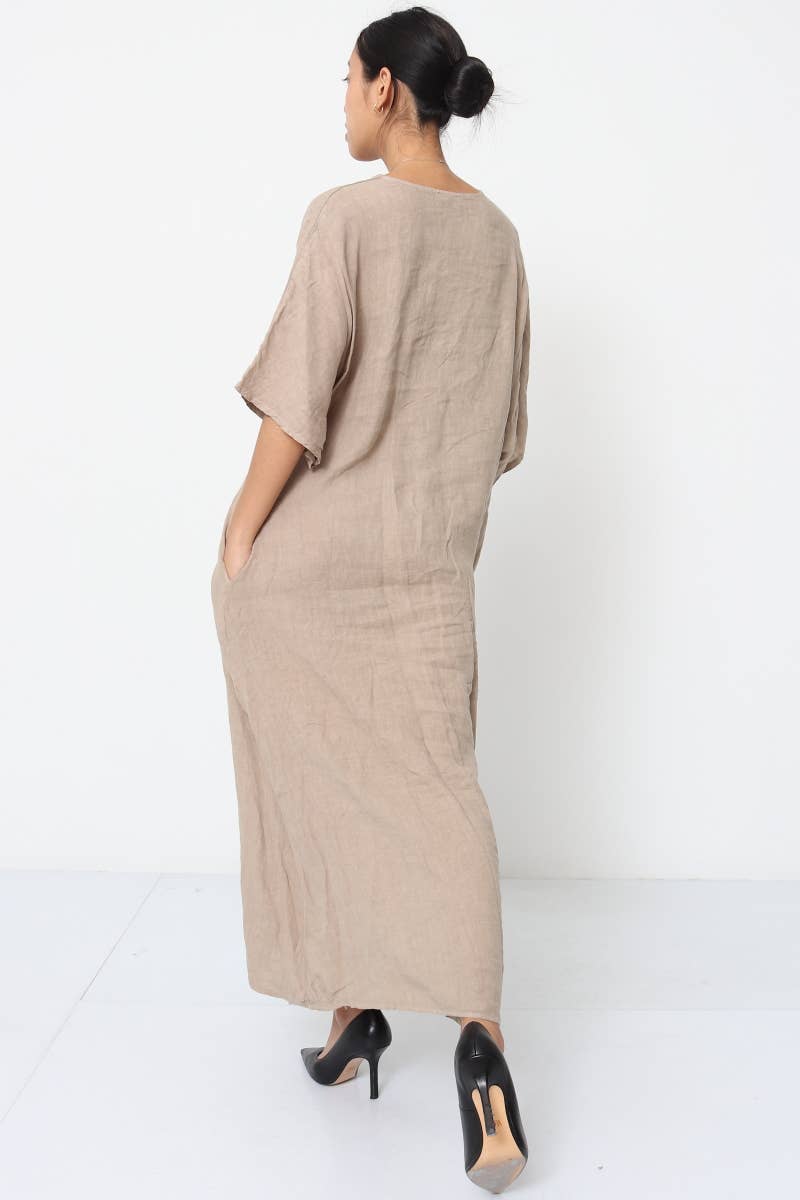 Linen tailored summer full length A-Line dress beige model walking awy