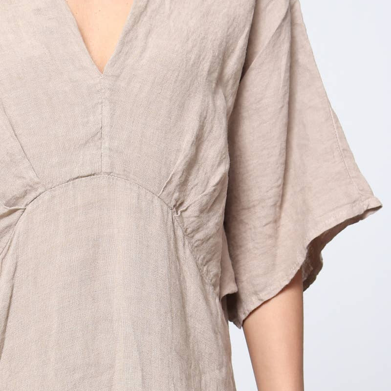 Linen tailored summer full length A-Line dress beige detail