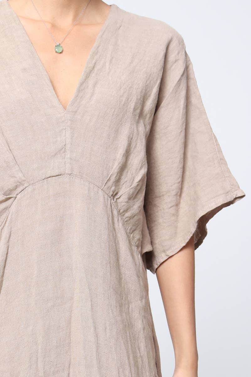 Linen tailored summer full length A-Line dress beige detail