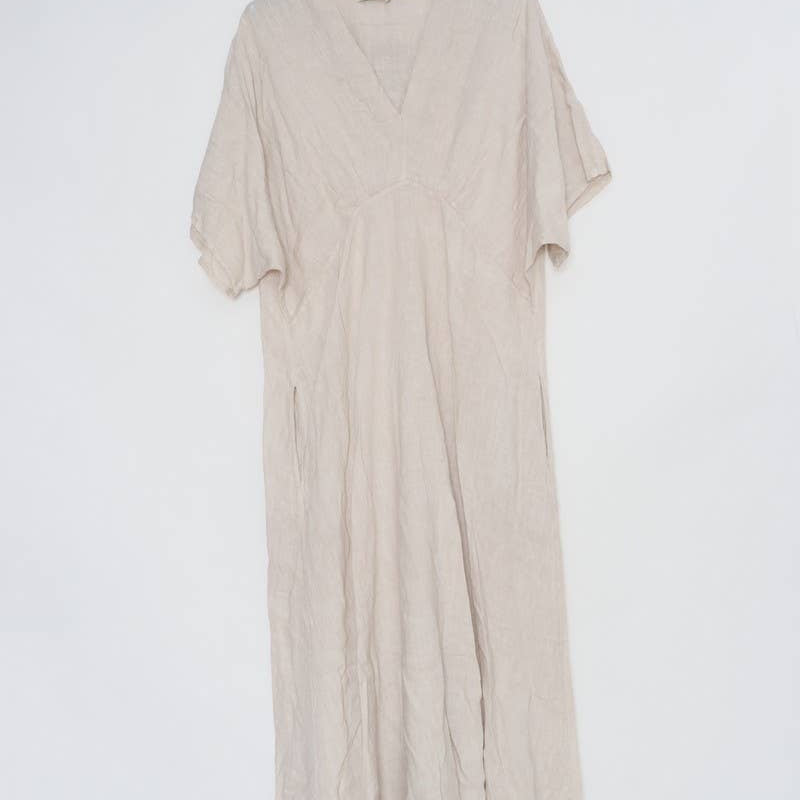 Linen tailored summer full length A-Line dress beige front view on hanger