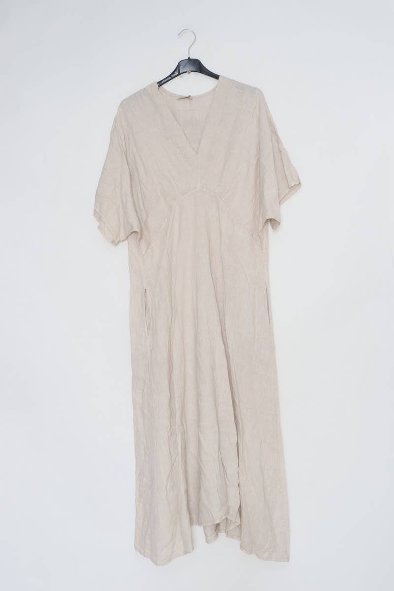Linen tailored summer full length A-Line dress beige front view on hanger
