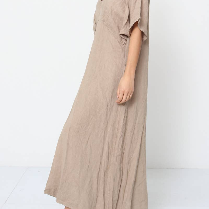 Linen tailored summer full length A-Line dress beige model side