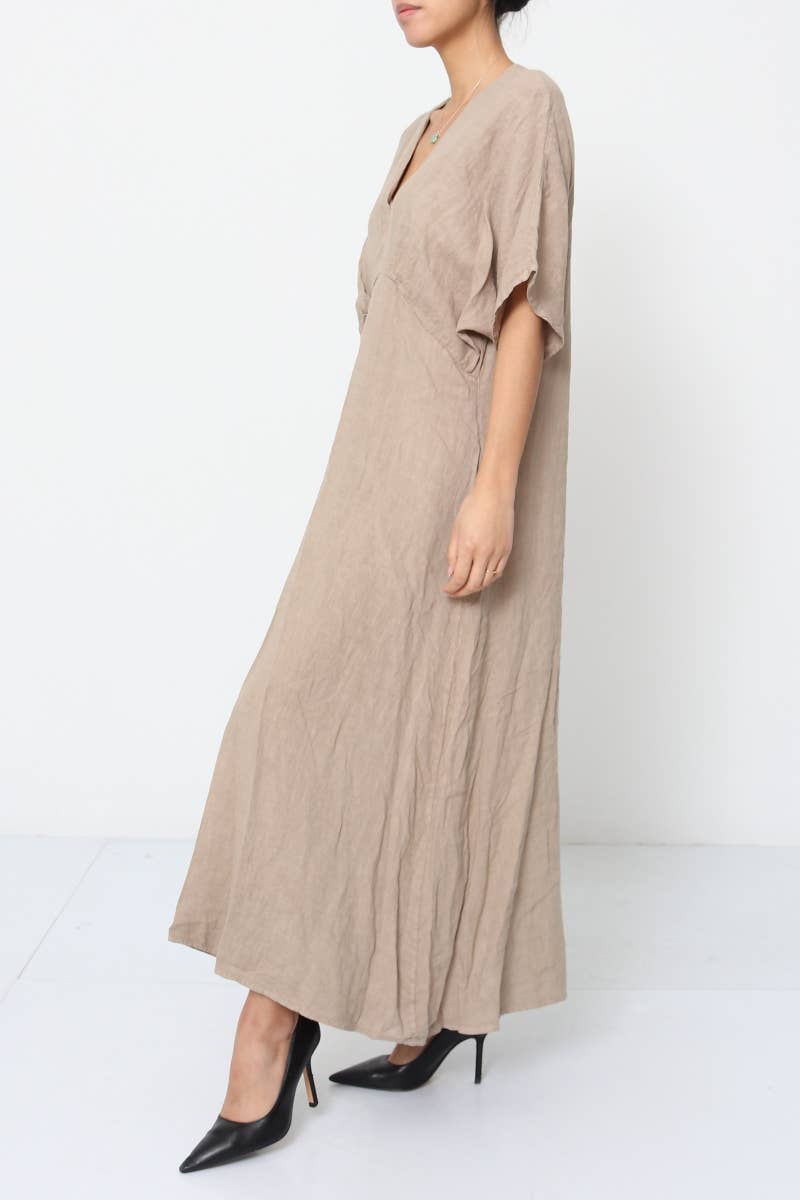 Linen tailored summer full length A-Line dress beige model side