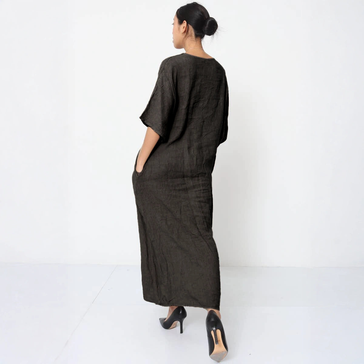 Linen tailored summer full length A-Line dress charcoal grey back view with model