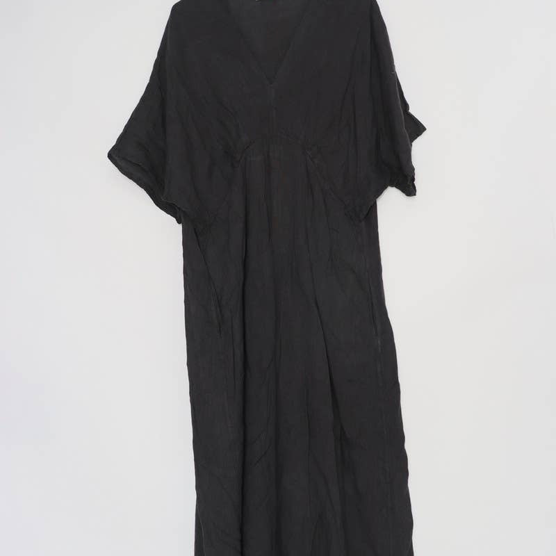 Linen tailored summer full length A-Line dress charcoal grey front view on hanger