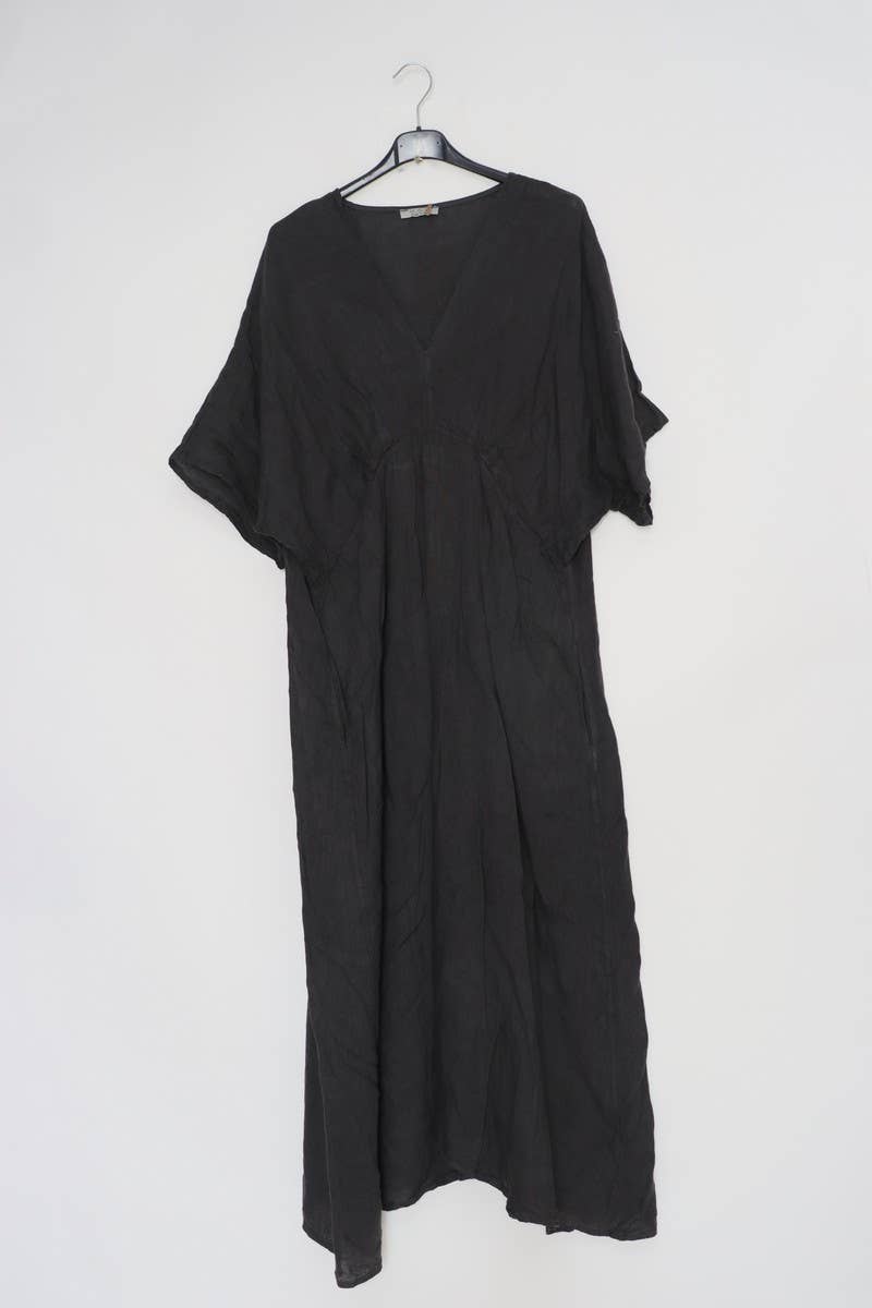 Linen tailored summer full length A-Line dress charcoal grey front view on hanger