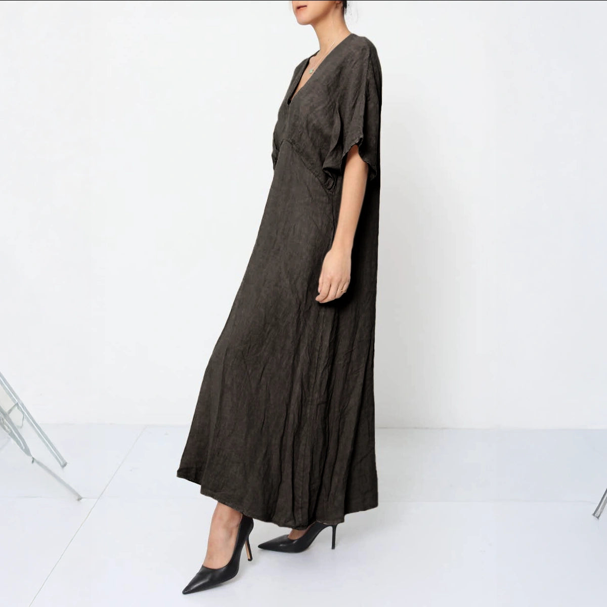 Linen tailored summer full length A-Line dress charcoal grey side view with model