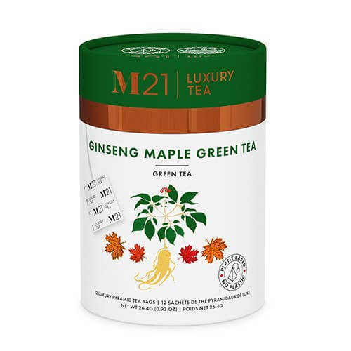 Maple Ginseng Luxury Green Tea canister featuring eco-friendly packaging and plant-based tea bags.