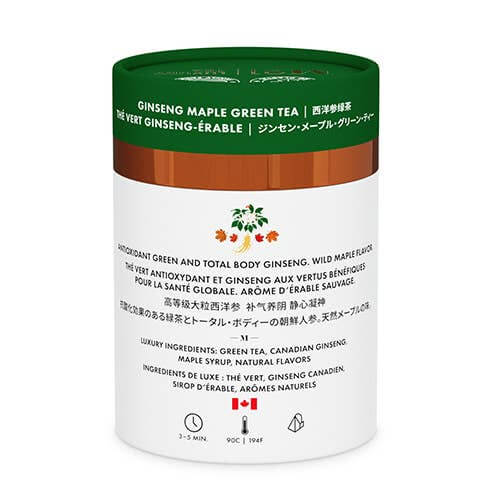 Maple Ginseng Luxury Green Tea canister with eco-friendly packaging and 12 plant-based tea bags.