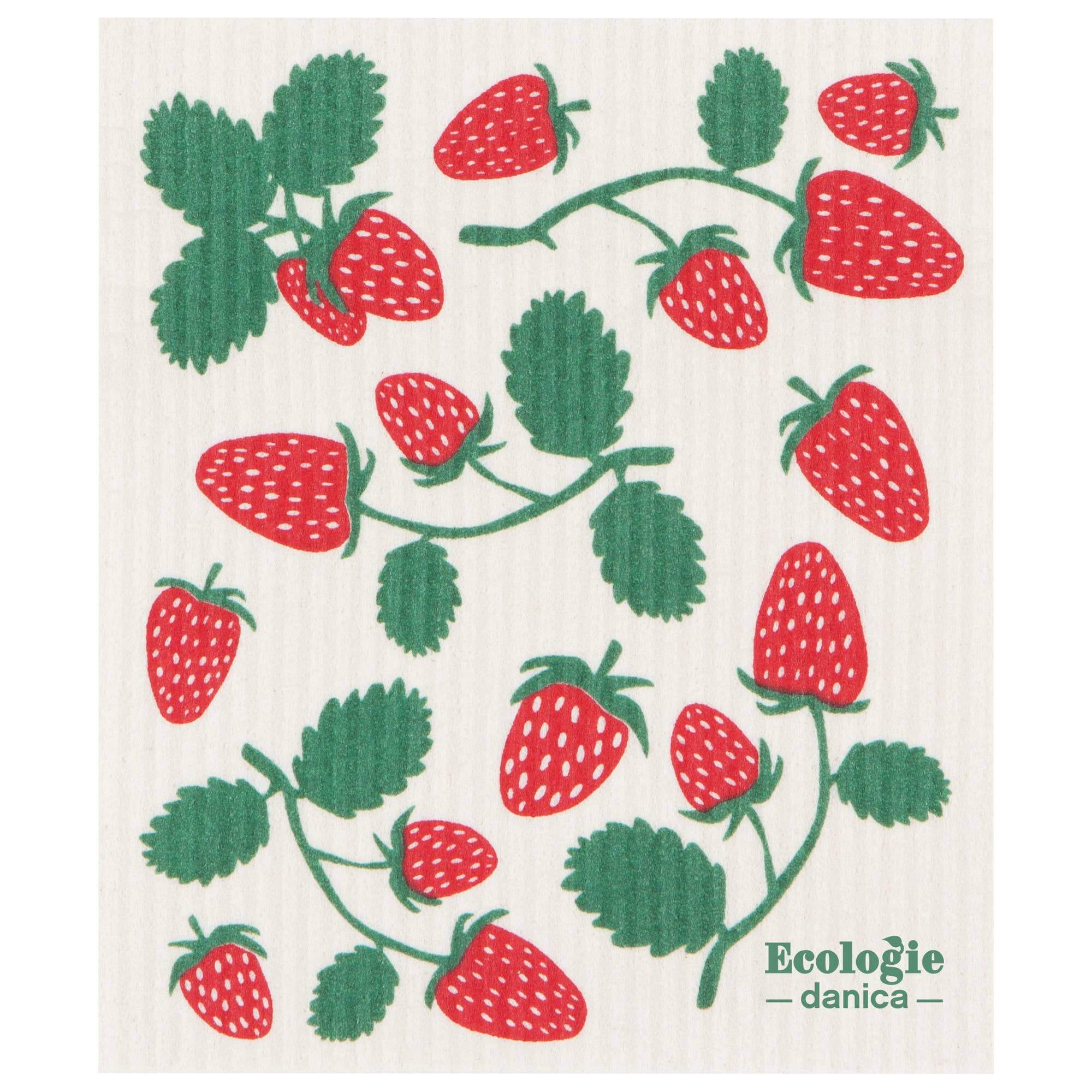 Colorful strawberries design on a compostable Swedish dishcloth, perfect for reusable and eco-friendly cleaning.