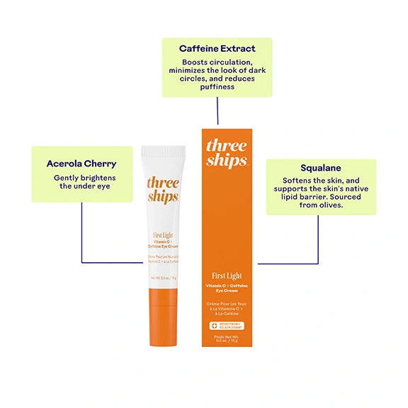First Light Vitamin C + Caffeine Eye Cream by Three Ships with bright packaging and tube.