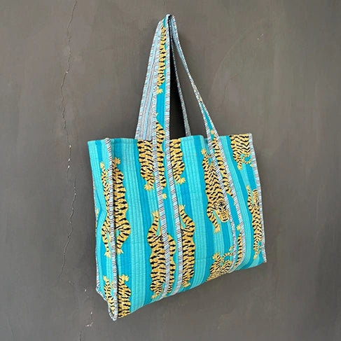 Cotton_Turquoise_Tiger_print_tote_bag long shoulder strap