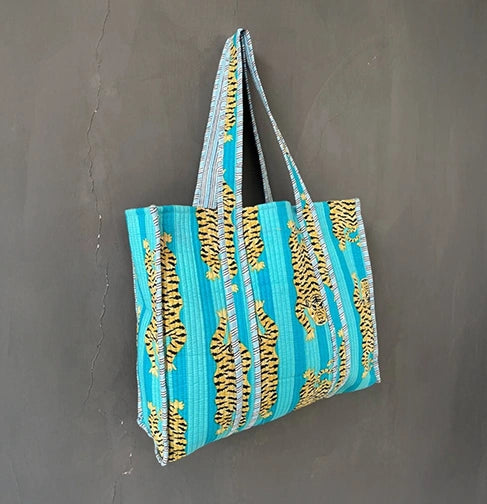 Cotton_Turquoise_Tiger_print_tote_bag long shoulder strap