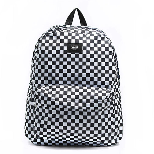 Vans Old Skool H2O Check Backpack in black and white checkerboard pattern, featuring a large main compartment and front zip pocket.