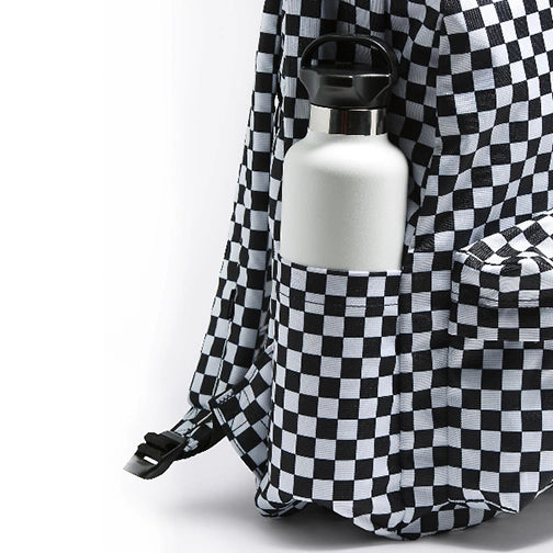 Vans Old Skool H2O Check Backpack in black and white checkerboard pattern, featuring a large main compartment and front zip pocket.