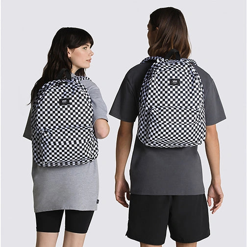 Vans Old Skool H2O Check Backpack in black and white checkerboard pattern, featuring a large main compartment and front zip pocket.
