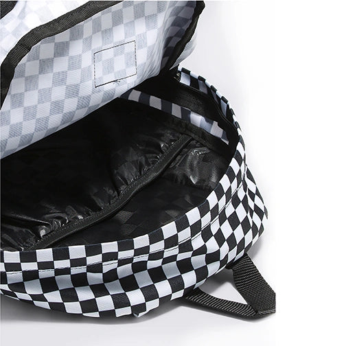 Vans Old Skool H2O Check Backpack in black and white checkerboard pattern, featuring a large main compartment and front zip pocket.
