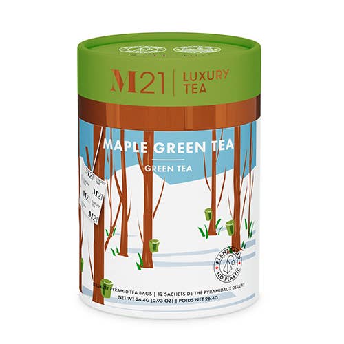 M21 Maple Green Tea canister, eco-friendly packaging, luxury whole leaf green tea with maple flavor, 12 compostable tea bags.