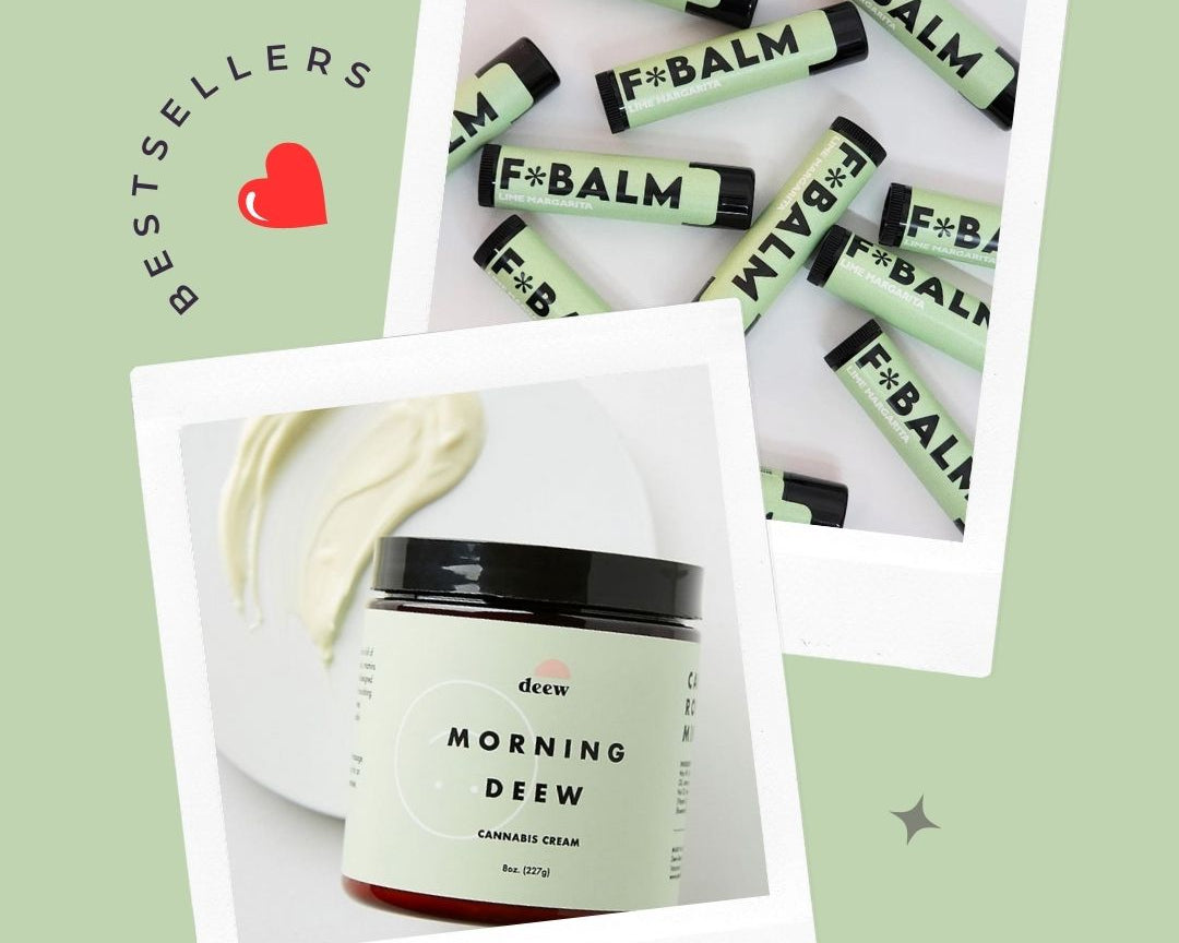 Deew hemp-powered bodycare products, Charleston and Harlow F*balm lip balm in festive holiday scents, and Alicja Confections chocolates packaged as postcards, arranged aesthetically for holiday gifting.