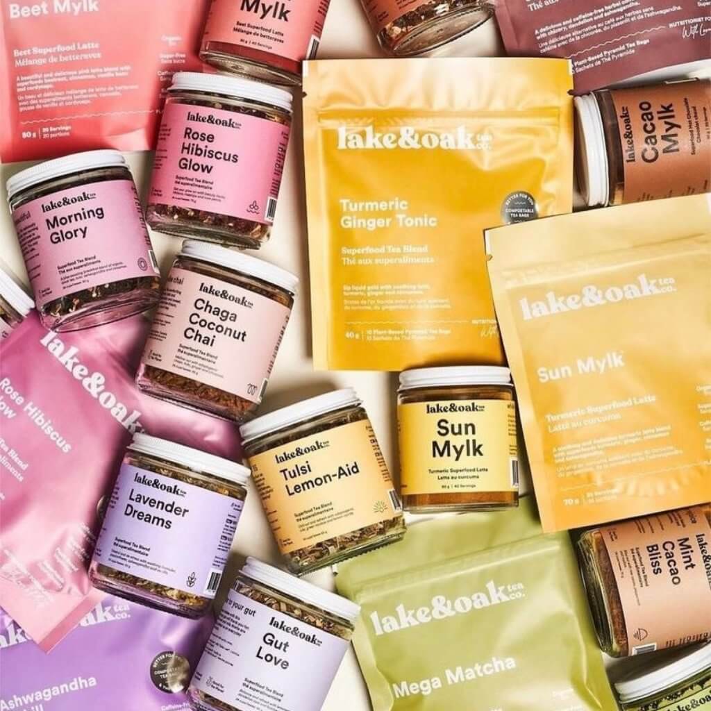The full collection of Lake and Oak Tea Gut Love Morning Glory Lavender Dreams Turmeric Ginger Mega Matcha Sun Mylk Cocoa Mylk Rose Hibiscus love Local Products