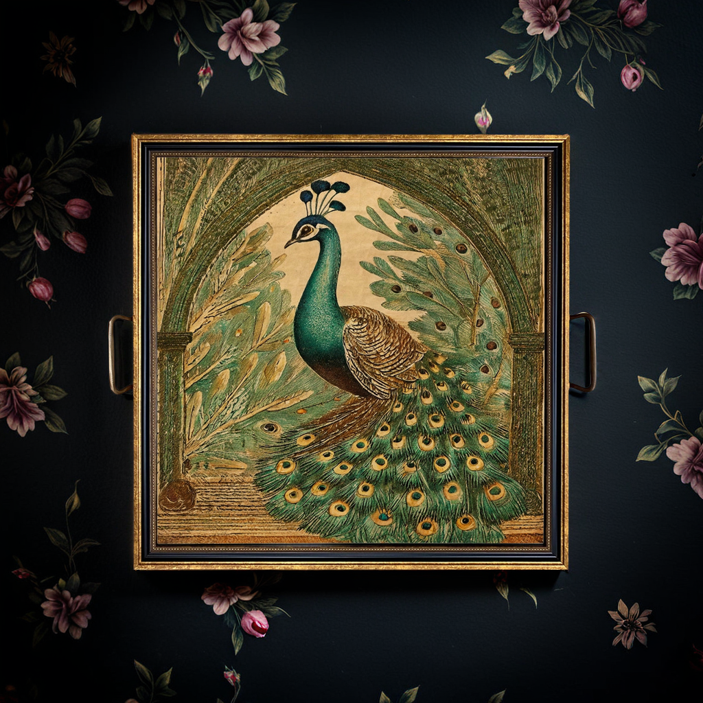 Decorative tray with a peacock design on a dark floral background