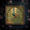 Decorative tray with a peacock design on a dark floral background