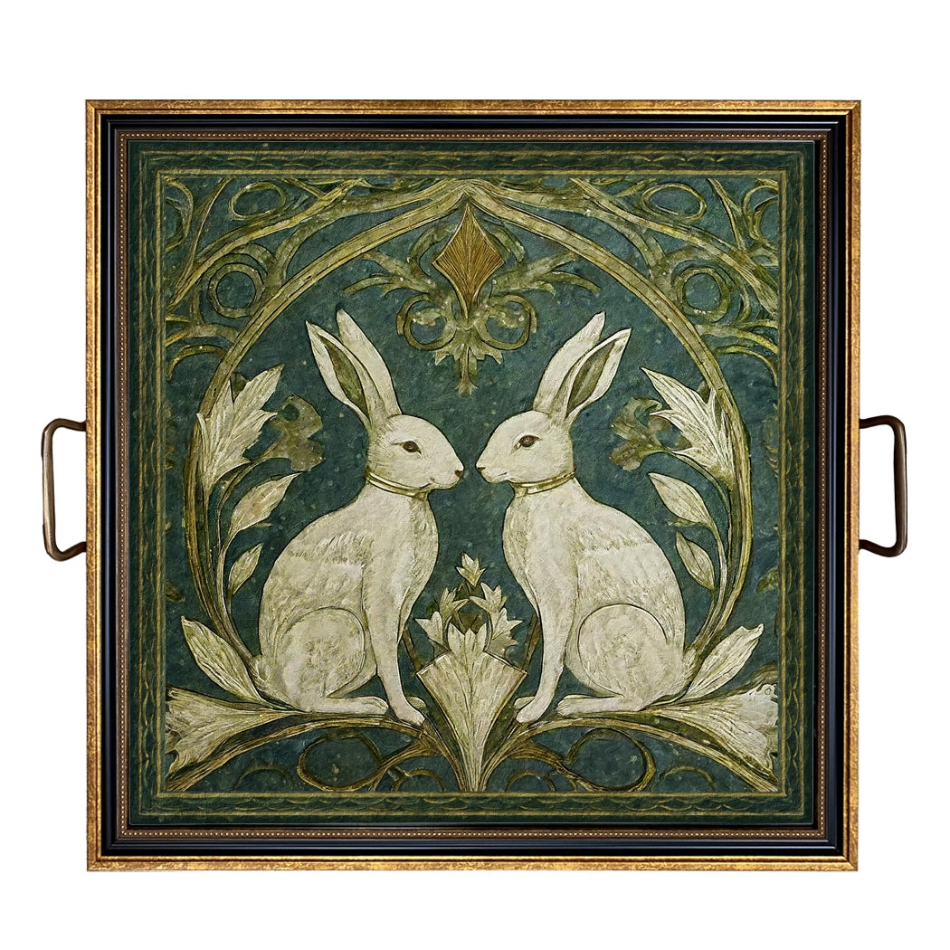 Decorative tray with two rabbits and floral design on a green background