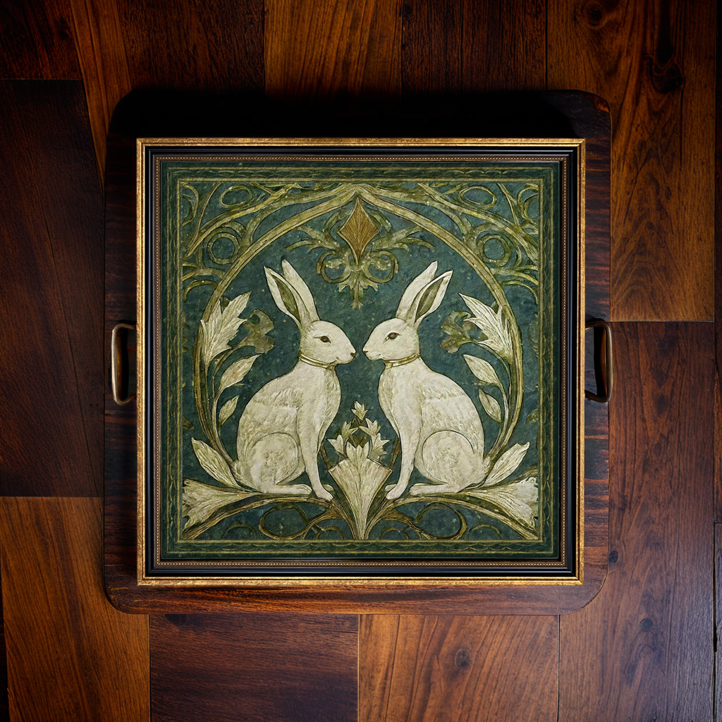 Decorative tray with rabbit design on a wooden surface
