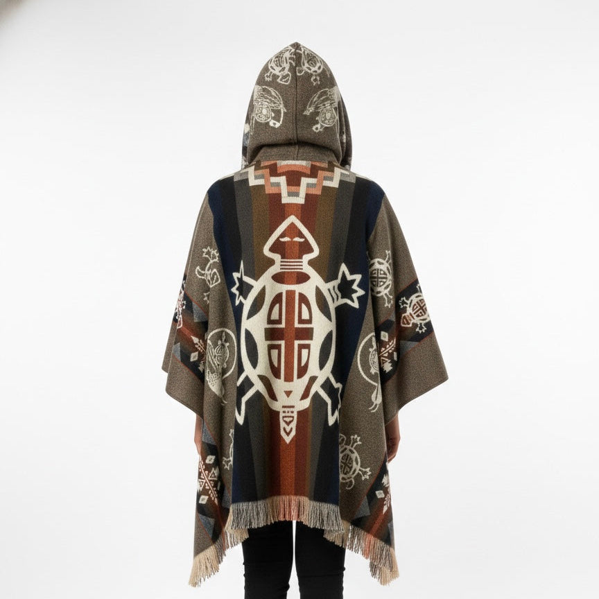 A person shown from the back wearing a hooded woven poncho with a complex geometric and tribal-inspired pattern in brown, beige, navy, rust red, and white, set against a plain white studio background.
