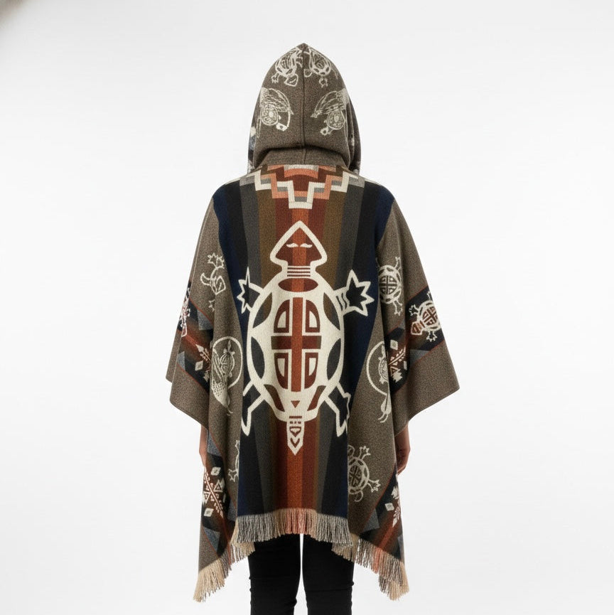 A person shown from the back wearing a hooded woven poncho with a complex geometric and tribal-inspired pattern in brown, beige, navy, rust red, and white, set against a plain white studio background.